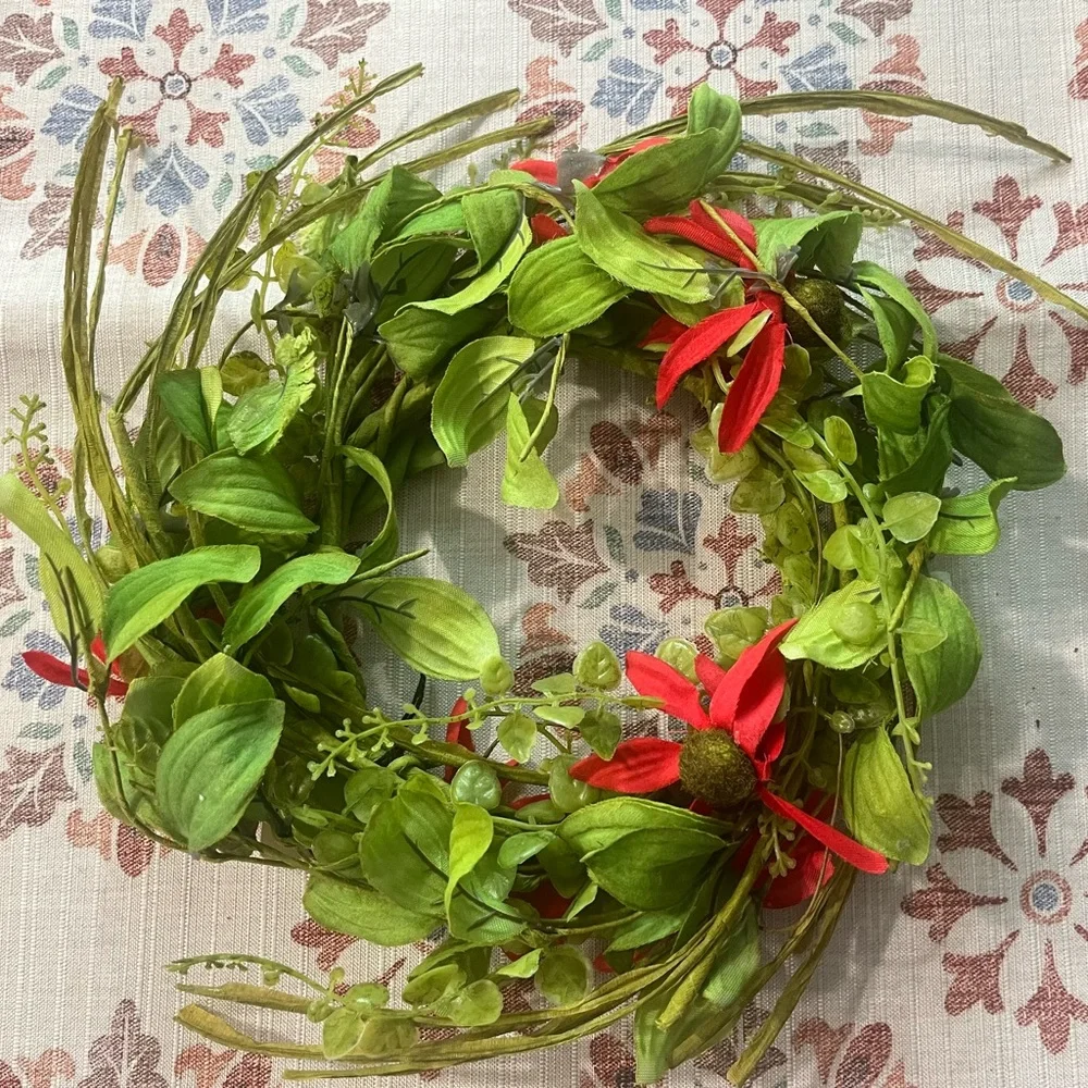 Faux Floral Red Flower Candle Ring Garland